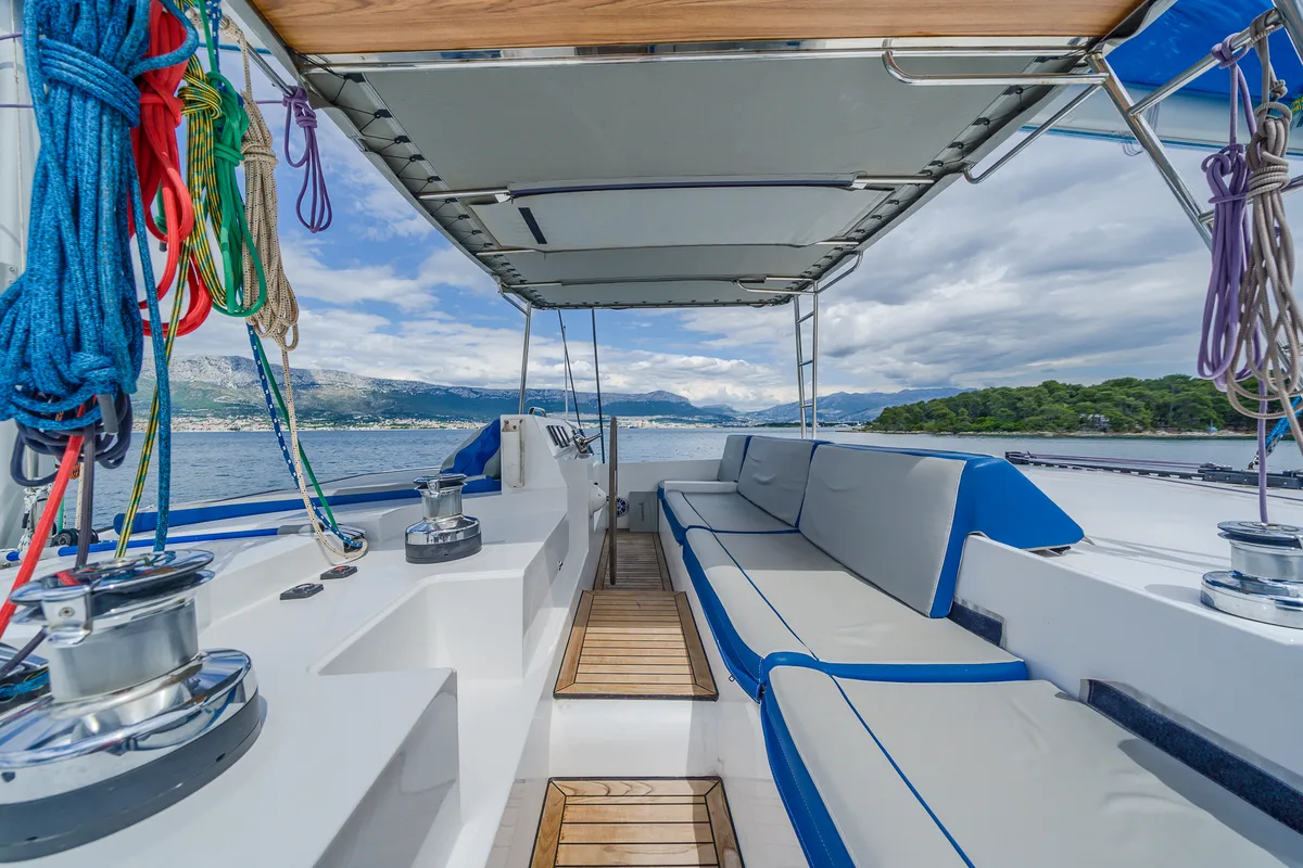 Cockpit of Blue, a Luna 49 catamaran at Split, Croatia