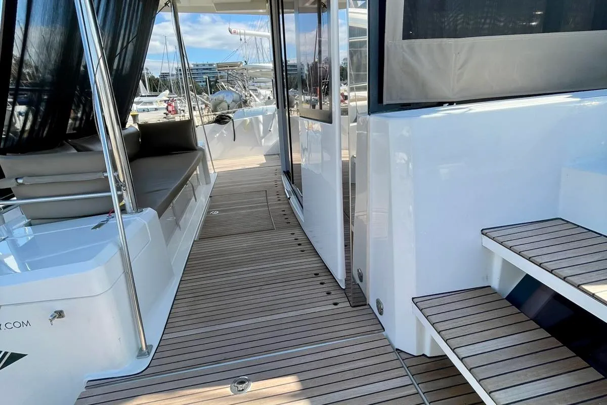Deck of Mali Blue, a Bali 4.1 catamaran at Ellomenos, Greece