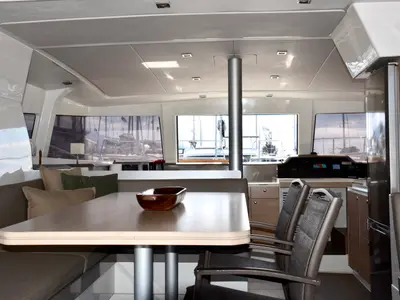 Salon of Mali Blue, a Bali 4.1 catamaran at Ellomenos, Greece