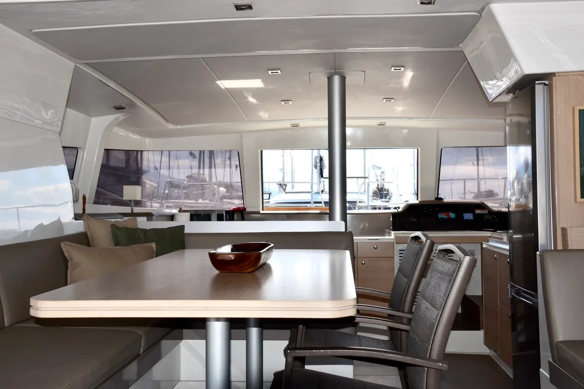 Salon of Mali Blue, a Bali 4.1 catamaran at Ellomenos, Greece