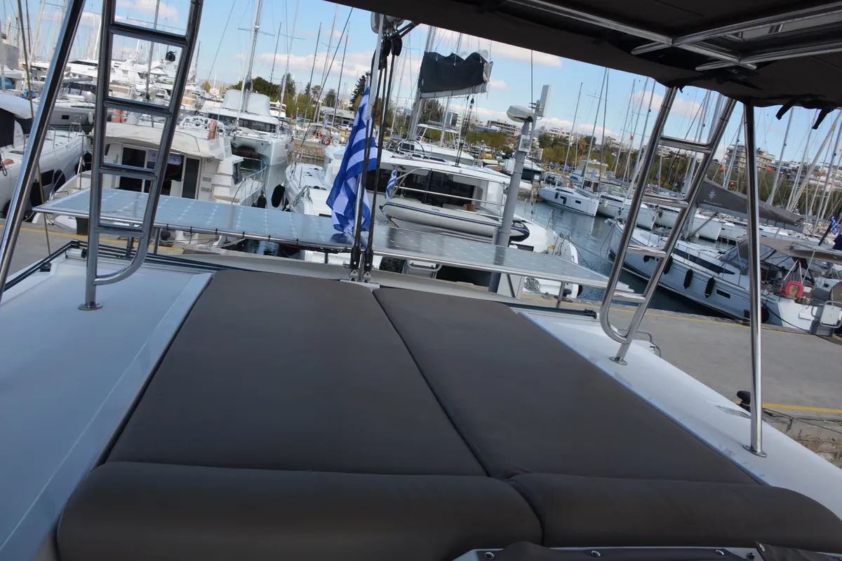 Deck of Mali Blue, a Bali 4.1 catamaran at Ellomenos, Greece
