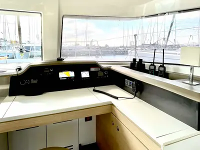 Cockpit of Mali Blue, a Bali 4.1 catamaran at Ellomenos, Greece