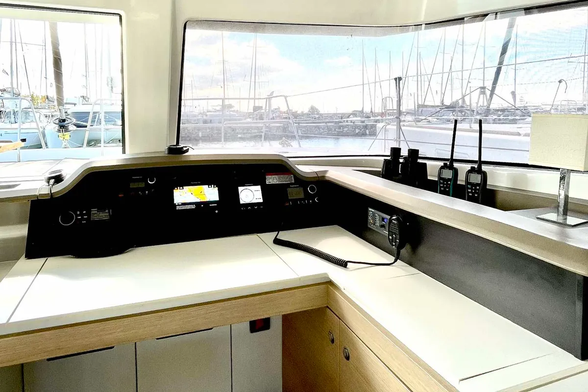 Cockpit of Mali Blue, a Bali 4.1 catamaran at Ellomenos, Greece