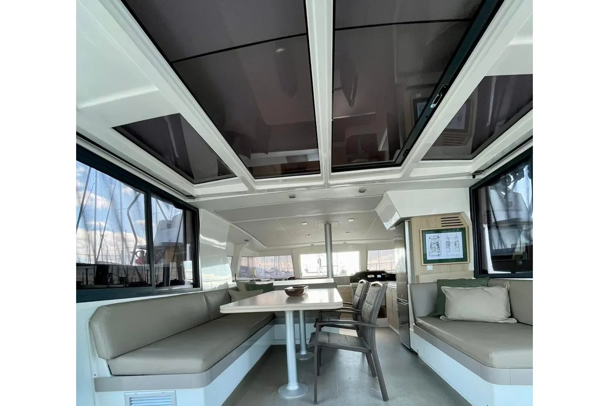 Salon of Mali Blue, a Bali 4.1 catamaran at Ellomenos, Greece