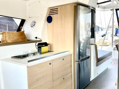 Galley of Mali Blue, a Bali 4.1 catamaran at Ellomenos, Greece