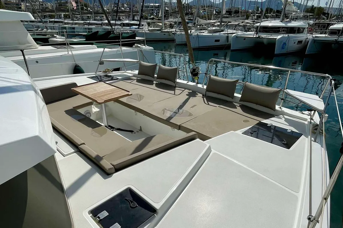 Deck of Mali Blue, a Bali 4.1 catamaran at Ellomenos, Greece