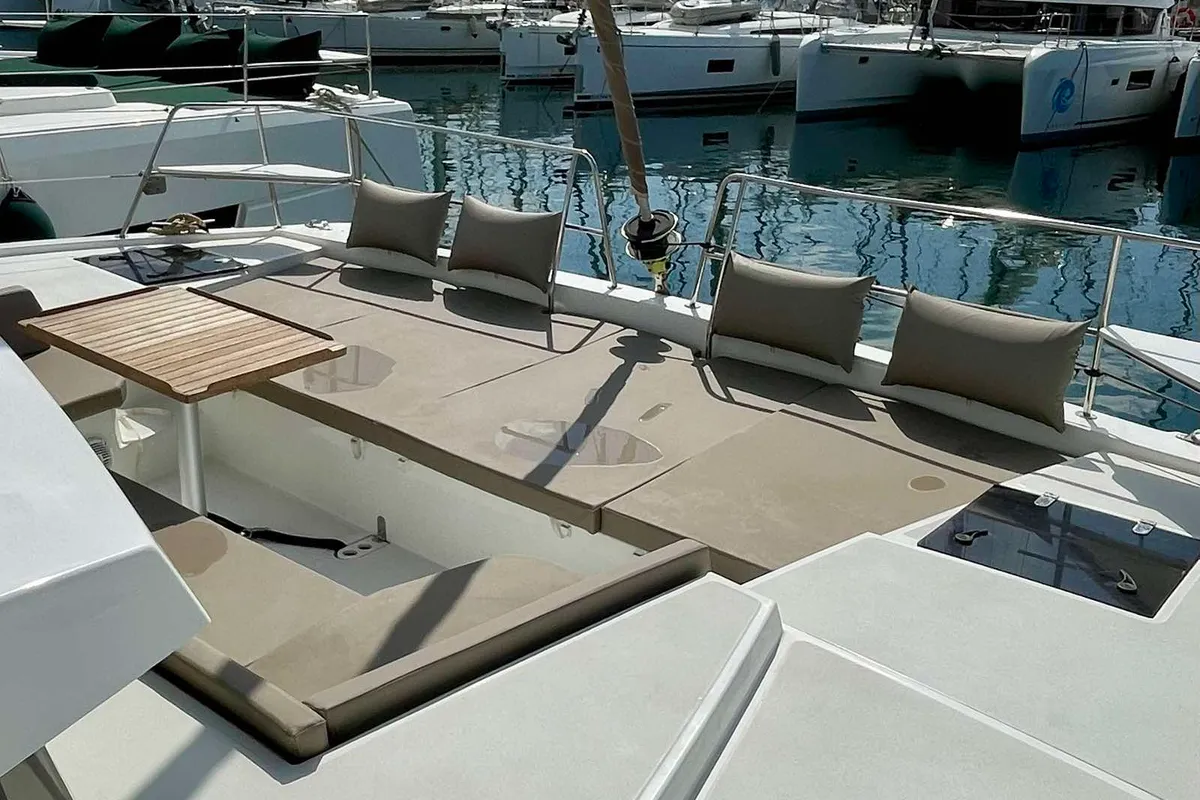 Deck of Mali Blue, a Bali 4.1 catamaran at Ellomenos, Greece
