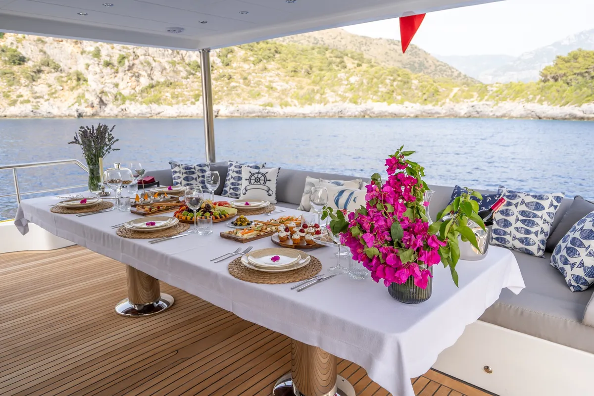 Deck of Lavin, a Gulet Custom built 183 motor yacht at Fethiye, Turkey