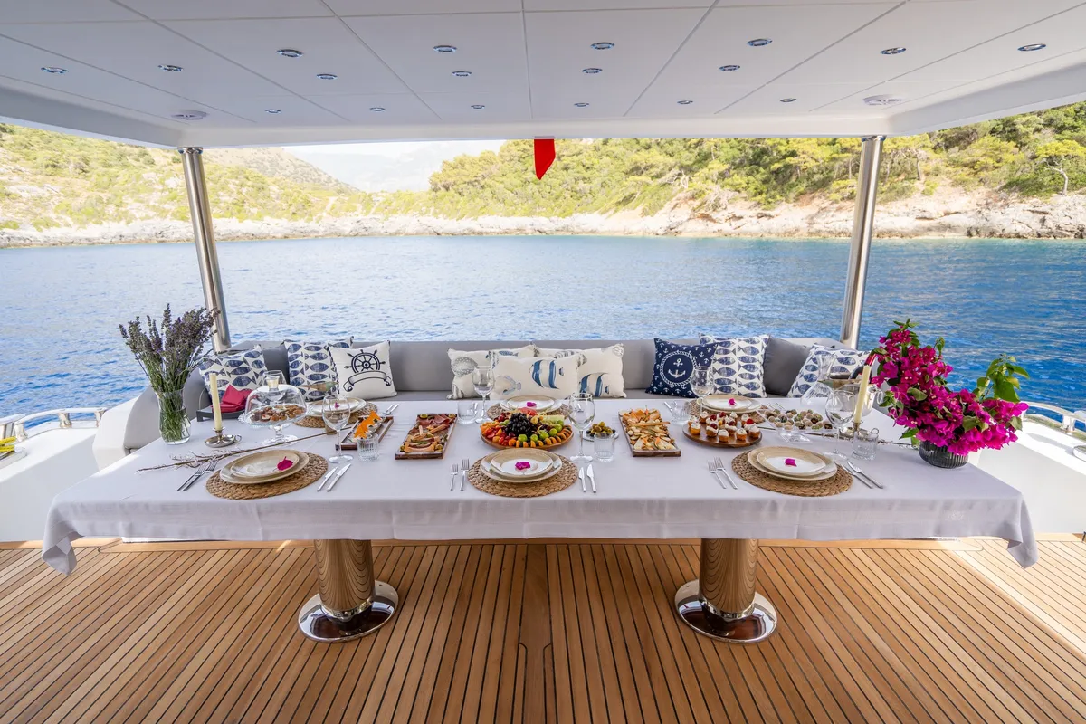 Deck of Lavin, a Gulet Custom built 183 motor yacht at Fethiye, Turkey