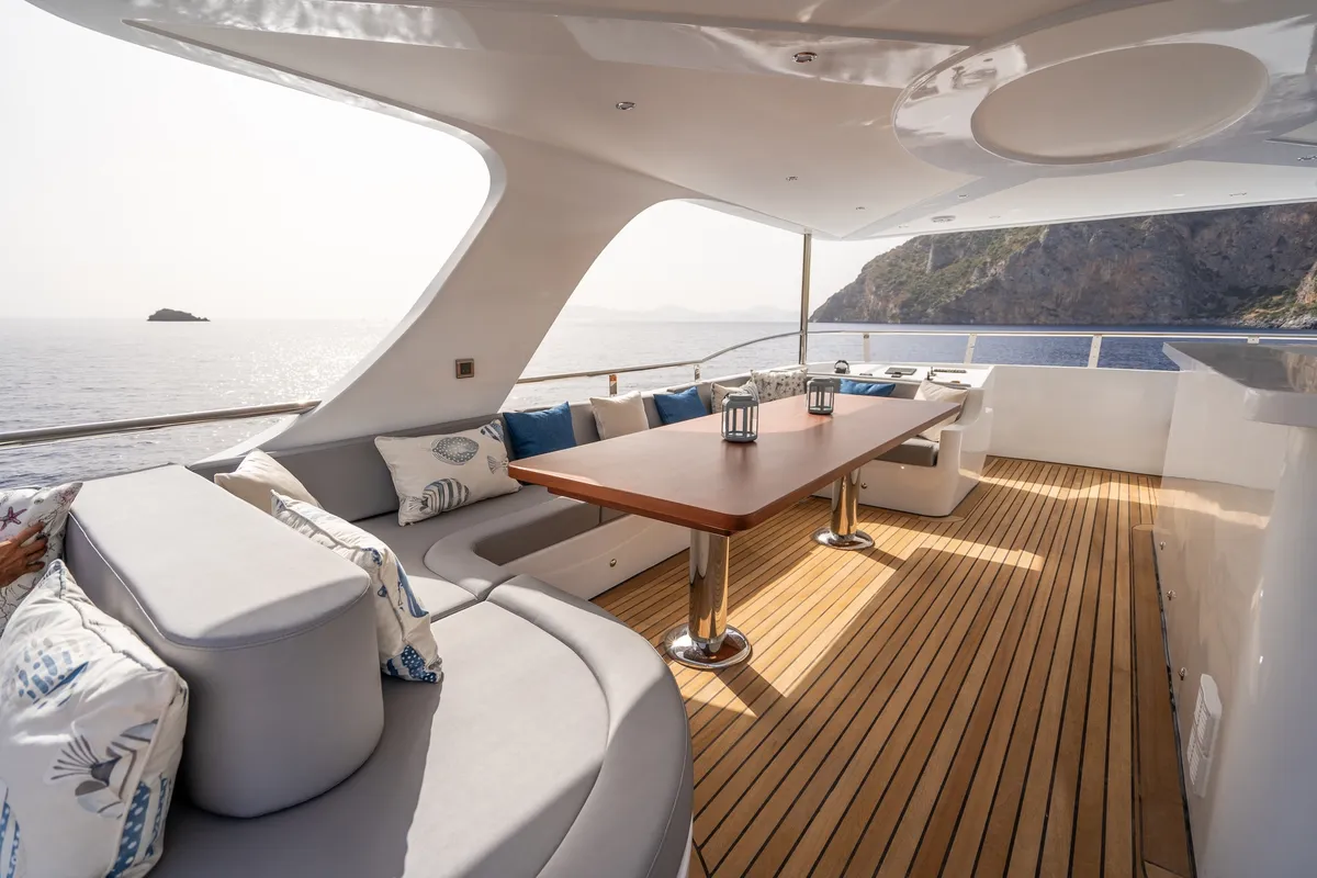 Deck of Lavin, a Gulet Custom built 183 motor yacht at Fethiye, Turkey