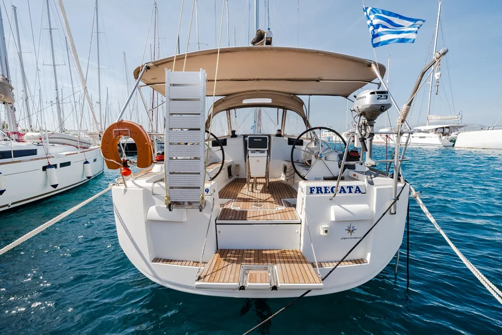 Exterior view of Fregata, a Jeanneau Sun Odyssey 439 sailboat at Lavreotiki Municipal Unit, Greece