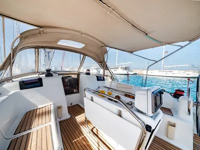 Deck of Fregata, a Jeanneau Sun Odyssey 439 sailboat at Lavreotiki Municipal Unit, Greece