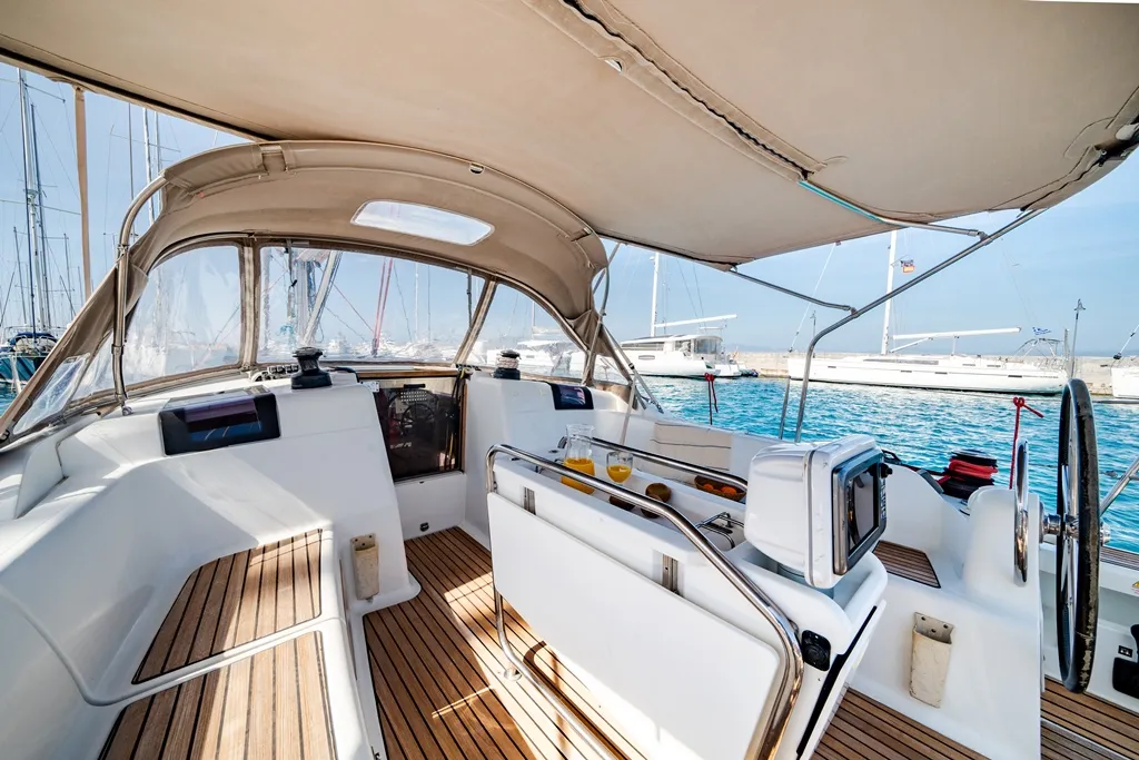 Deck of Fregata, a Jeanneau Sun Odyssey 439 sailboat at Lavreotiki Municipal Unit, Greece