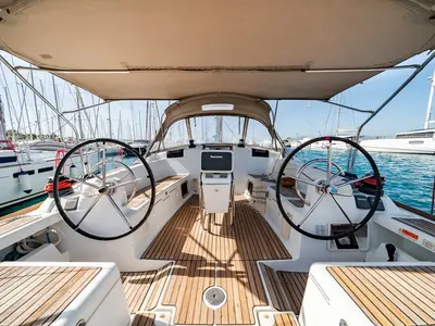 Cockpit of Fregata, a Jeanneau Sun Odyssey 439 sailboat at Lavreotiki Municipal Unit, Greece