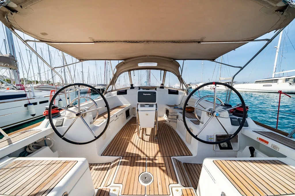 Cockpit of Fregata, a Jeanneau Sun Odyssey 439 sailboat at Lavreotiki Municipal Unit, Greece