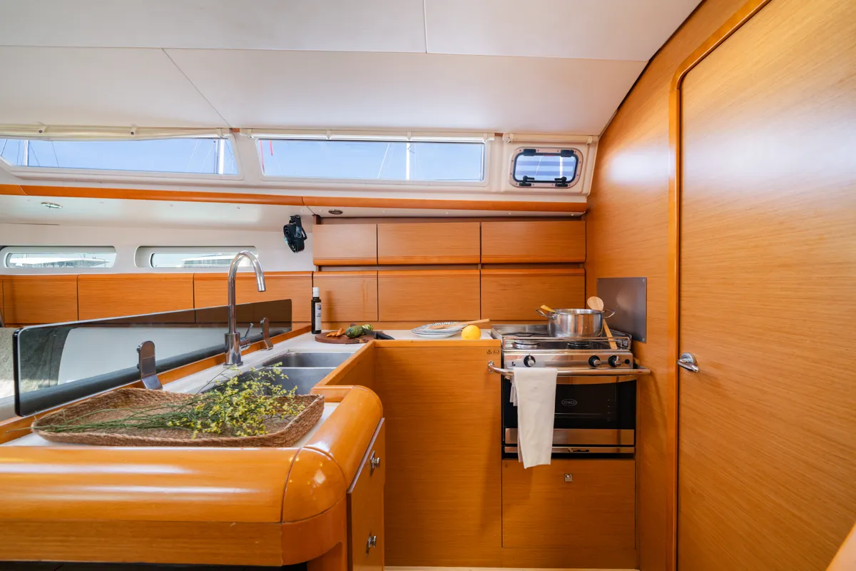 Galley of Fregata, a Jeanneau Sun Odyssey 439 sailboat at Lavreotiki Municipal Unit, Greece