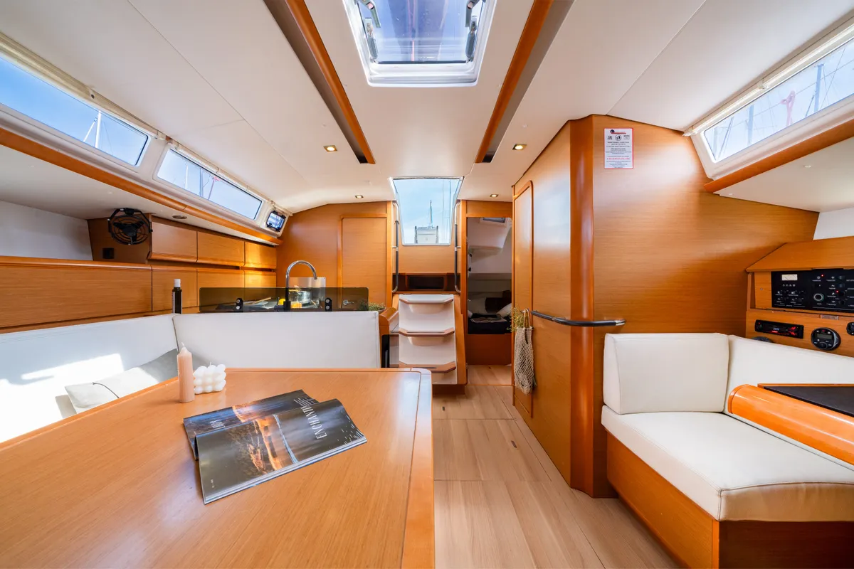 Salon of Fregata, a Jeanneau Sun Odyssey 439 sailboat at Lavreotiki Municipal Unit, Greece
