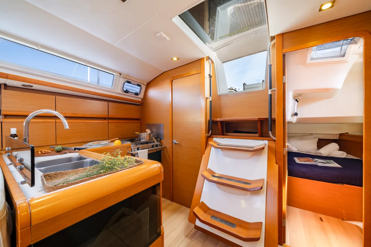 Galley of Fregata, a Jeanneau Sun Odyssey 439 sailboat at Lavreotiki Municipal Unit, Greece