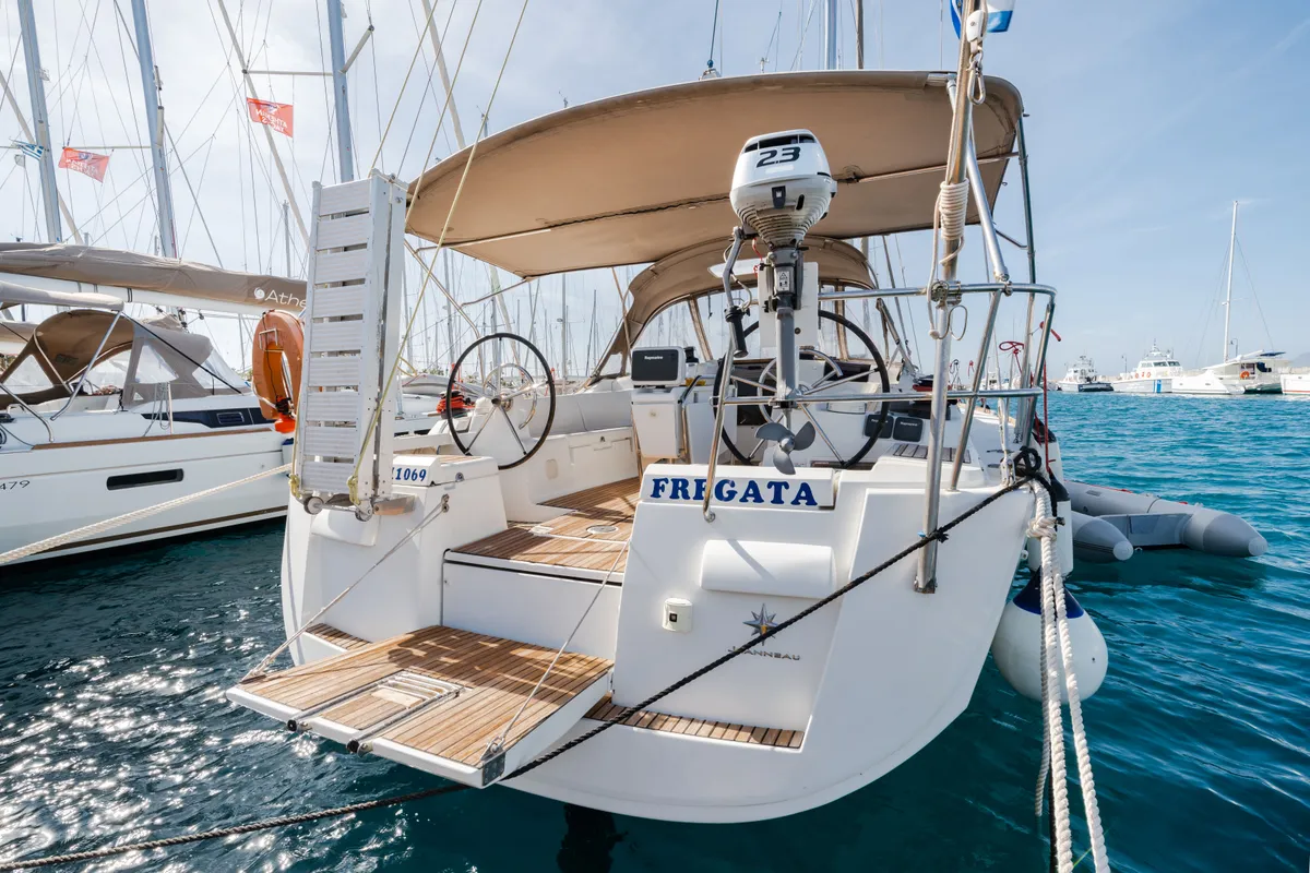 Exterior view of Fregata, a Jeanneau Sun Odyssey 439 sailboat at Lavreotiki Municipal Unit, Greece