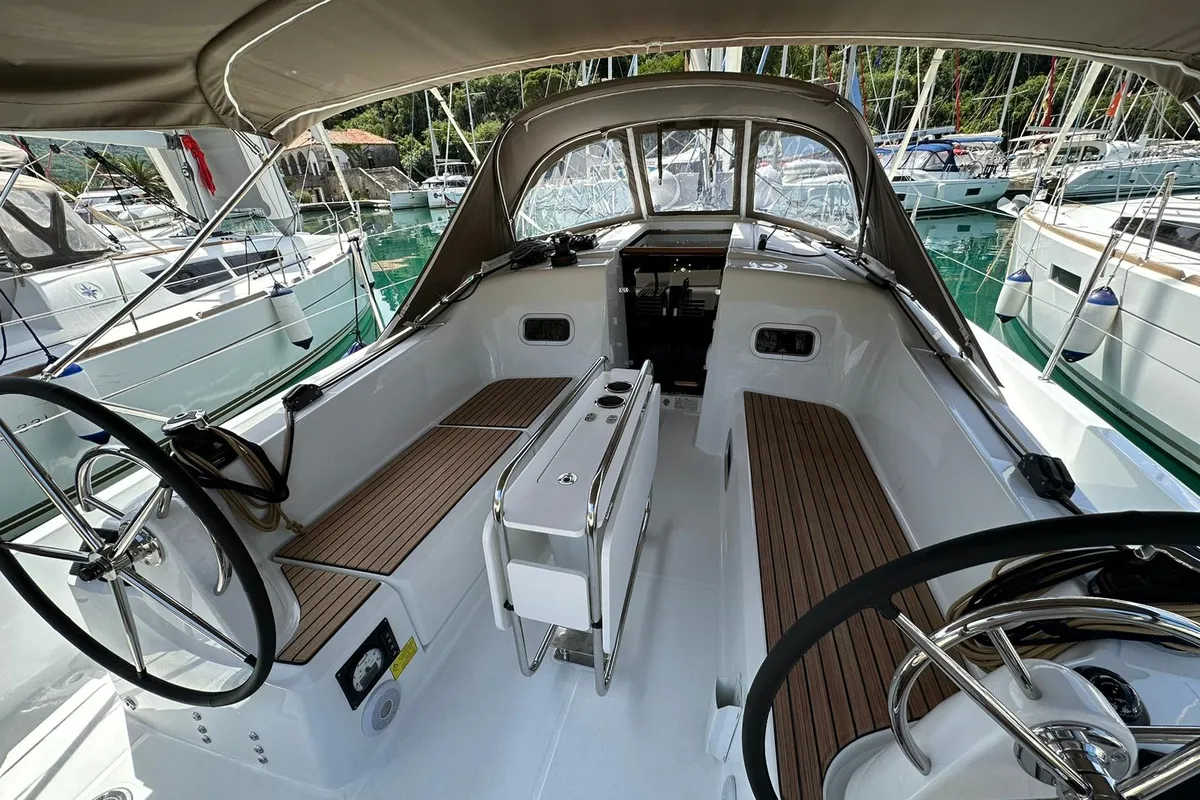 Cockpit of Star Kiss, a Jeanneau Sun Odyssey 350 sailboat at Dubrovnik, Croatia