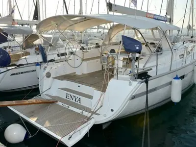 Deck of Enya, a Bavaria Cruiser 45 sailboat at Grad Biograd na Moru, Croatia