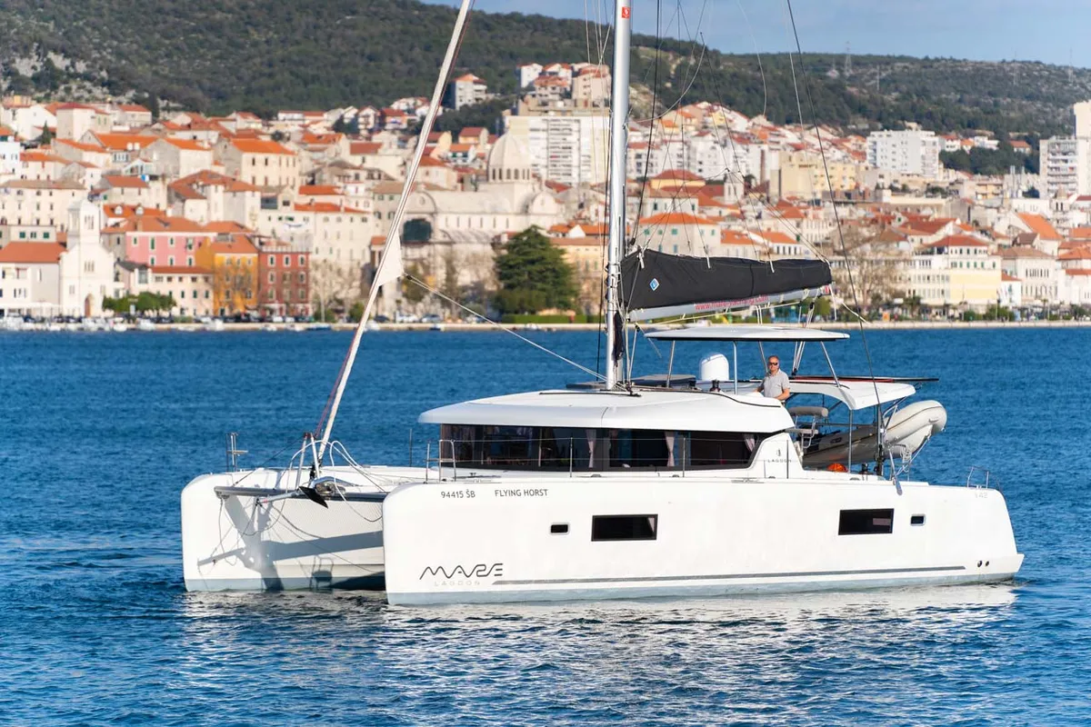 Exterior view of Flying Horst, a Lagoon 42 catamaran at Grad Šibenik, Croatia
