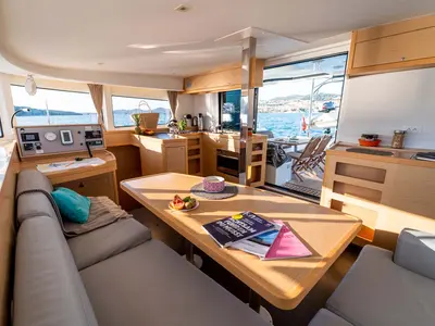 Salon of Flying Horst, a Lagoon 42 catamaran at Grad Šibenik, Croatia