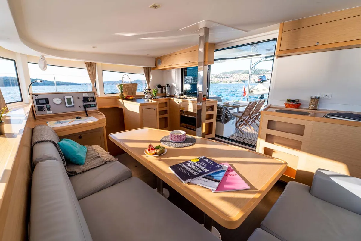 Salon of Flying Horst, a Lagoon 42 catamaran at Grad Šibenik, Croatia