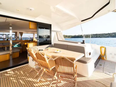Deck of Flying Horst, a Lagoon 42 catamaran at Grad Šibenik, Croatia