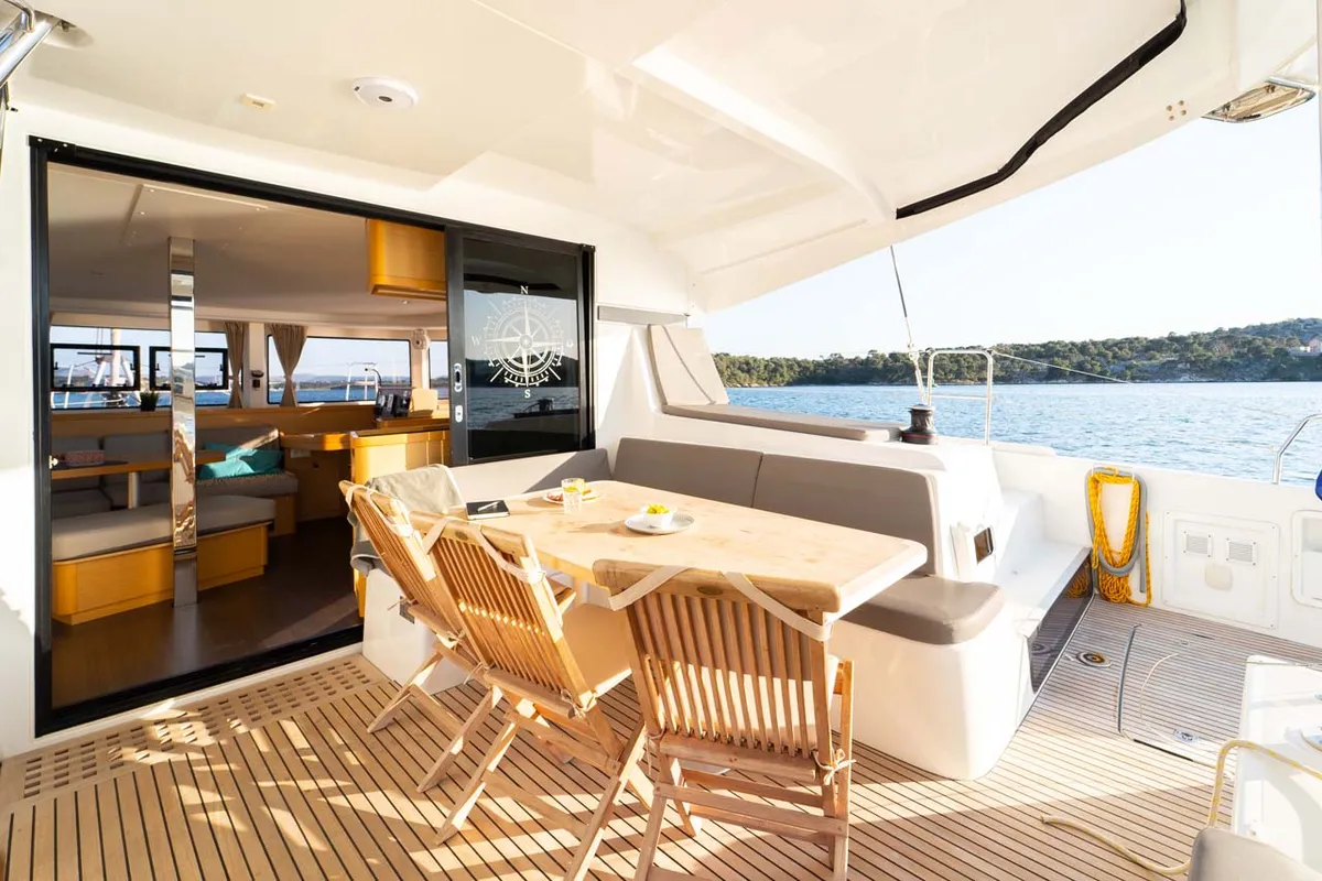 Deck of Flying Horst, a Lagoon 42 catamaran at Grad Šibenik, Croatia