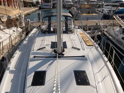 Deck of Aura, a Bavaria C38 sailboat at Tribunj, Croatia
