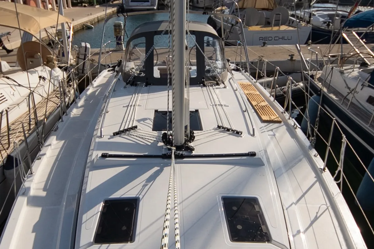 Deck of Aura, a Bavaria C38 sailboat at Tribunj, Croatia