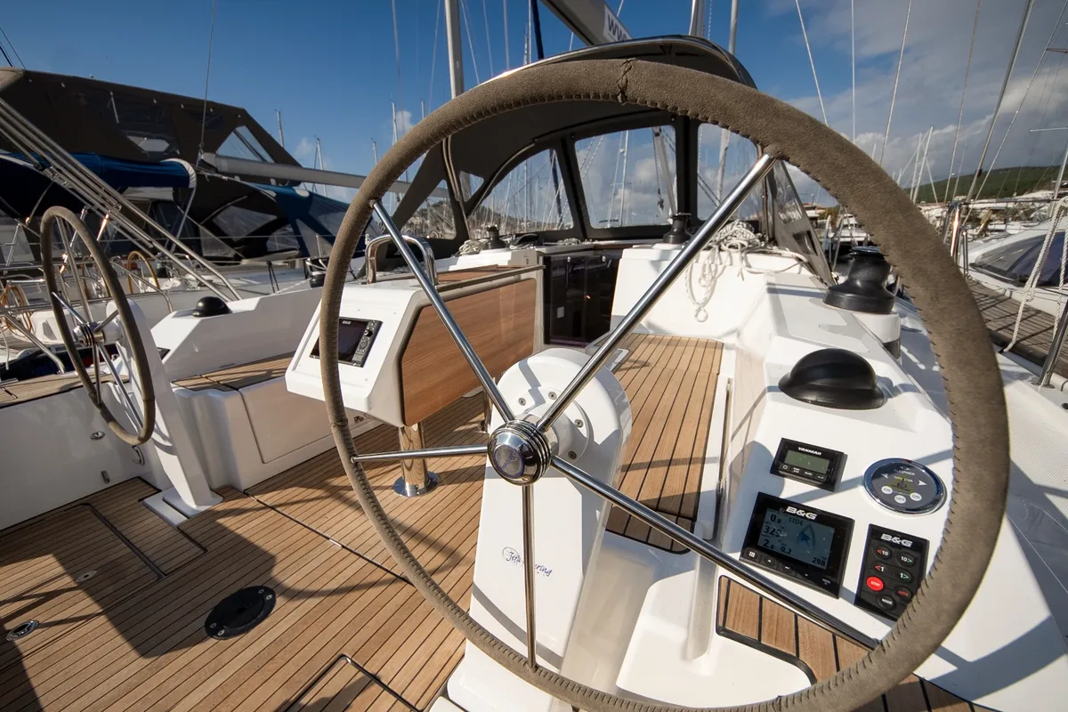 Cockpit of Aura, a Bavaria C38 sailboat at Tribunj, Croatia