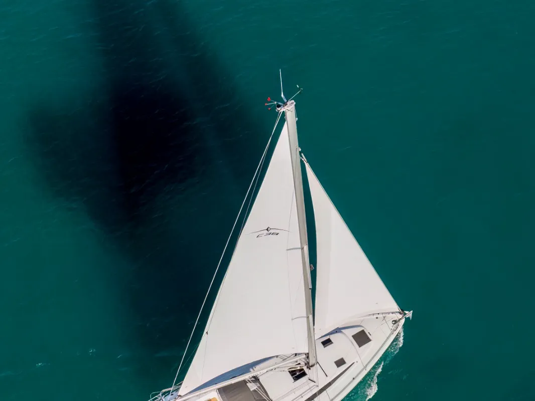 Exterior view of Aura, a Bavaria C38 sailboat at Tribunj, Croatia