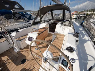 Cockpit of Aura, a Bavaria C38 sailboat at Tribunj, Croatia