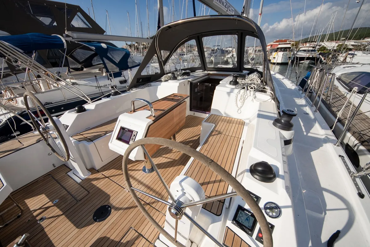 Cockpit of Aura, a Bavaria C38 sailboat at Tribunj, Croatia