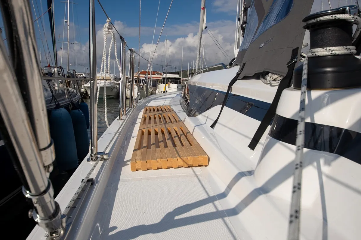 Deck of Aura, a Bavaria C38 sailboat at Tribunj, Croatia