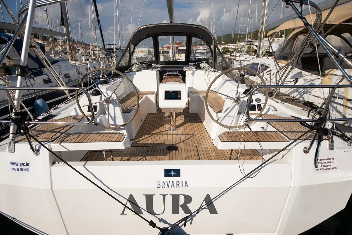 Cockpit of Aura, a Bavaria C38 sailboat at Tribunj, Croatia