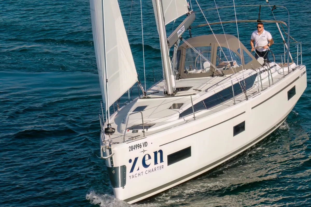 Exterior view of Aura, a Bavaria C38 sailboat at Tribunj, Croatia