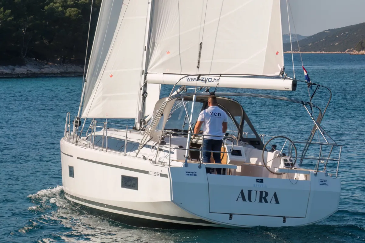 Exterior view of Aura, a Bavaria C38 sailboat at Tribunj, Croatia