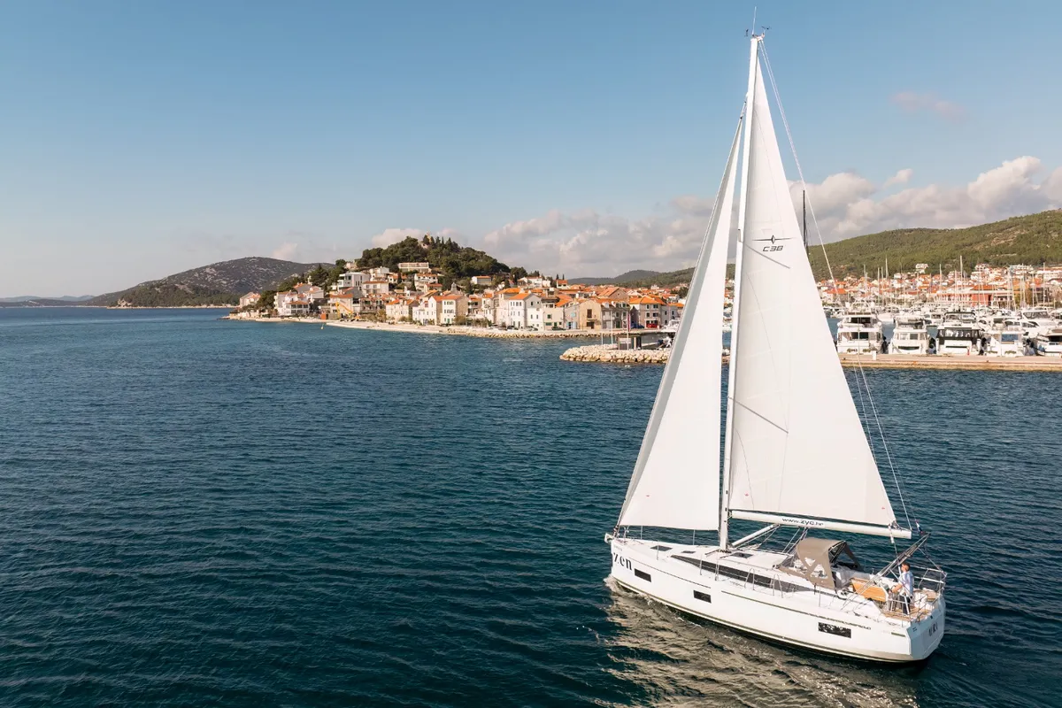 Exterior view of Aura, a Bavaria C38 sailboat at Tribunj, Croatia