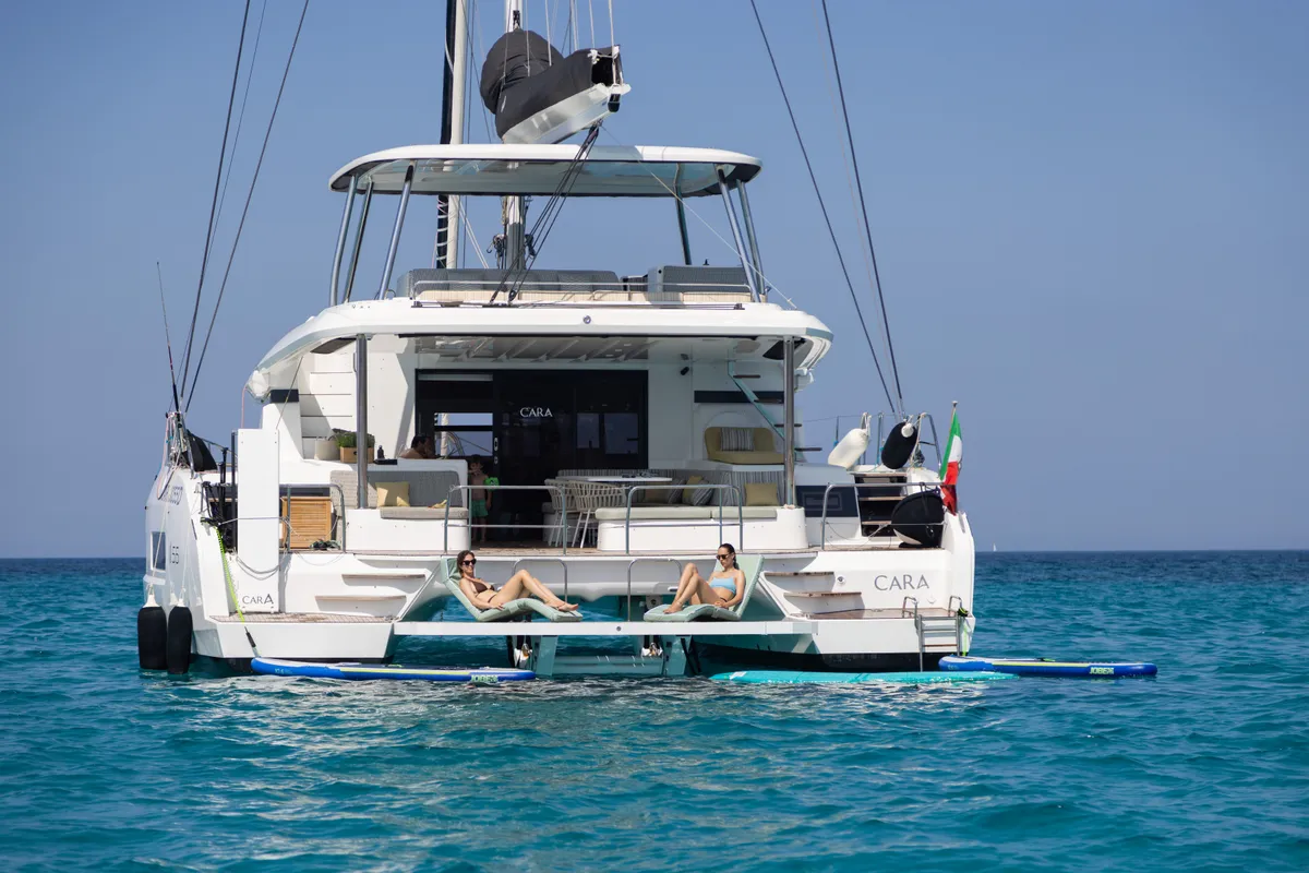 Exterior view of CARA, a Lagoon 55 catamaran at Castellammare di Stabia, Italy