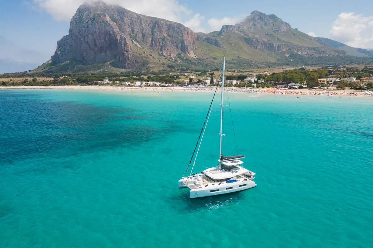 Exterior view of CARA, a Lagoon 55 catamaran at Castellammare di Stabia, Italy