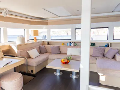 Salon of CARA, a Lagoon 55 catamaran at Castellammare di Stabia, Italy