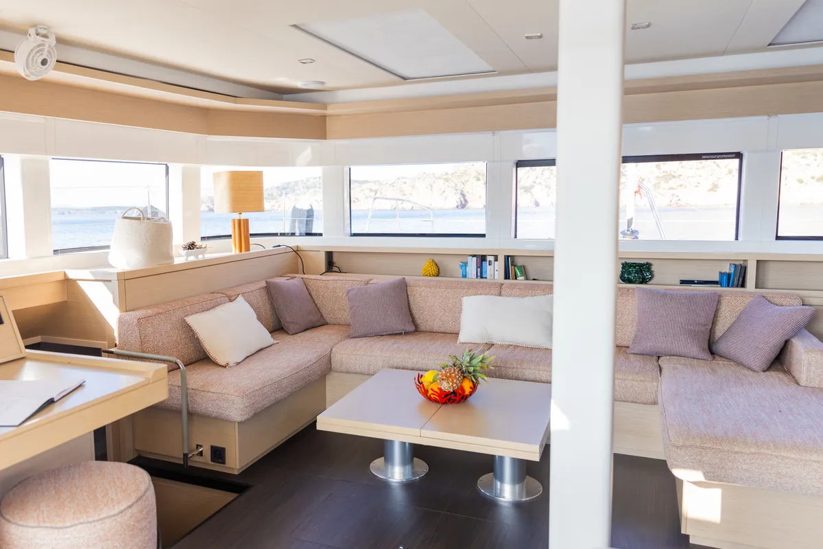 Salon of CARA, a Lagoon 55 catamaran at Castellammare di Stabia, Italy