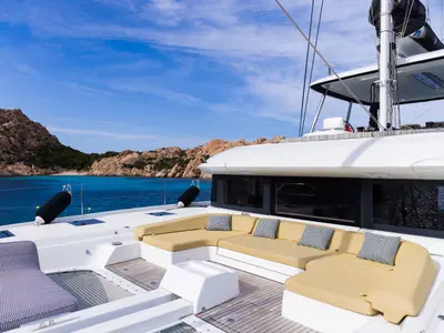 Deck of CARA, a Lagoon 55 catamaran at Castellammare di Stabia, Italy