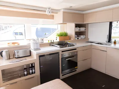 Galley of CARA, a Lagoon 55 catamaran at Castellammare di Stabia, Italy