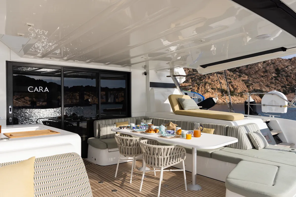 Deck of CARA, a Lagoon 55 catamaran at Castellammare di Stabia, Italy