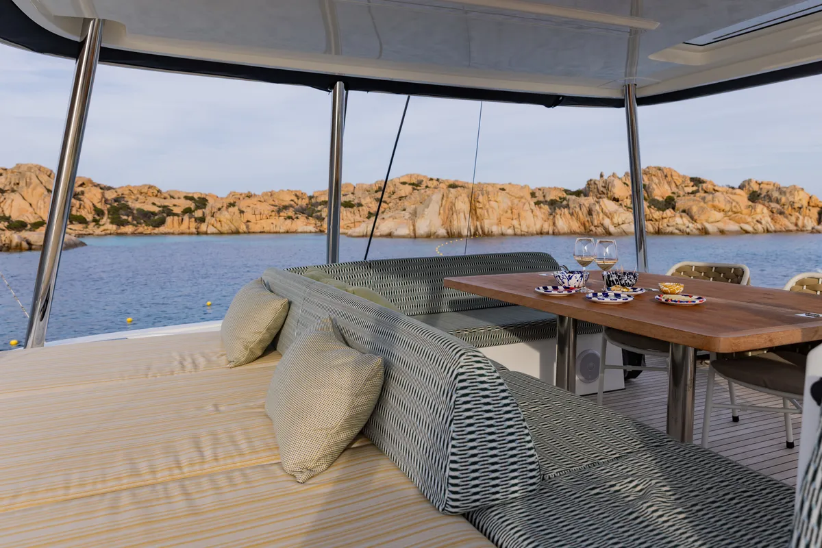 Deck of CARA, a Lagoon 55 catamaran at Castellammare di Stabia, Italy