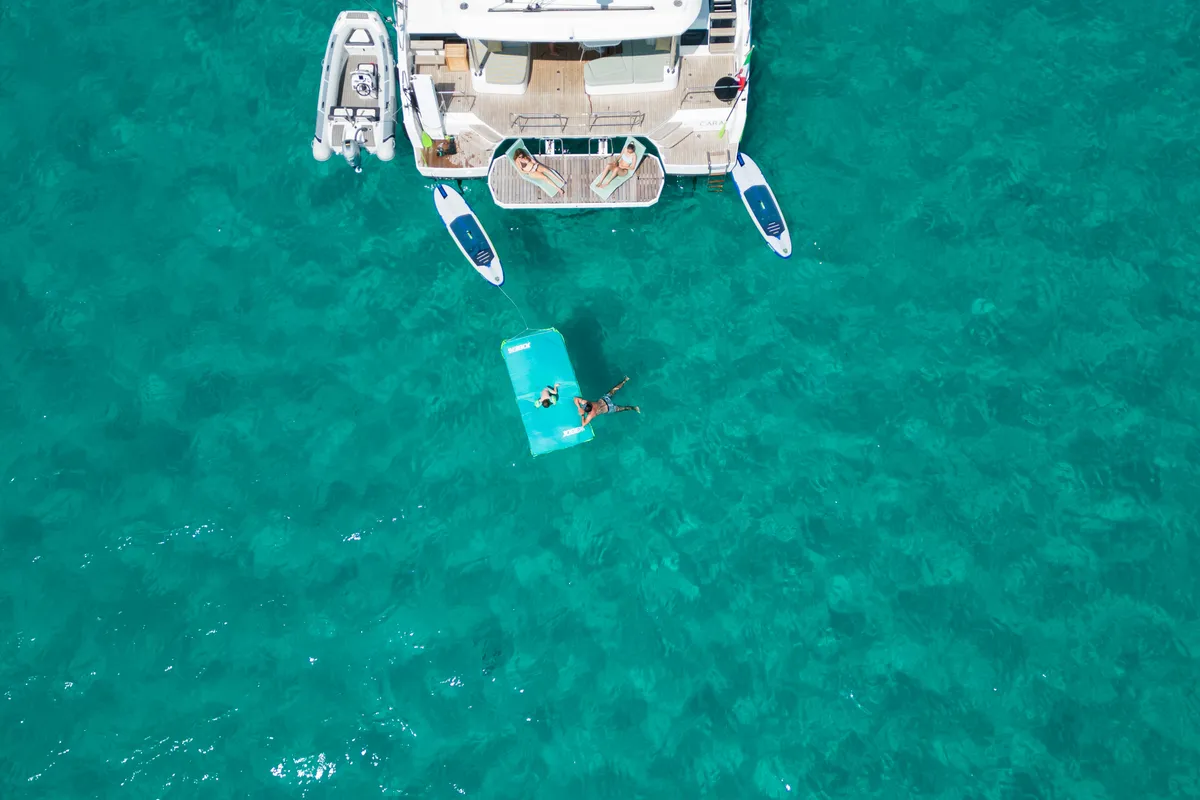 Exterior view of CARA, a Lagoon 55 catamaran at Castellammare di Stabia, Italy